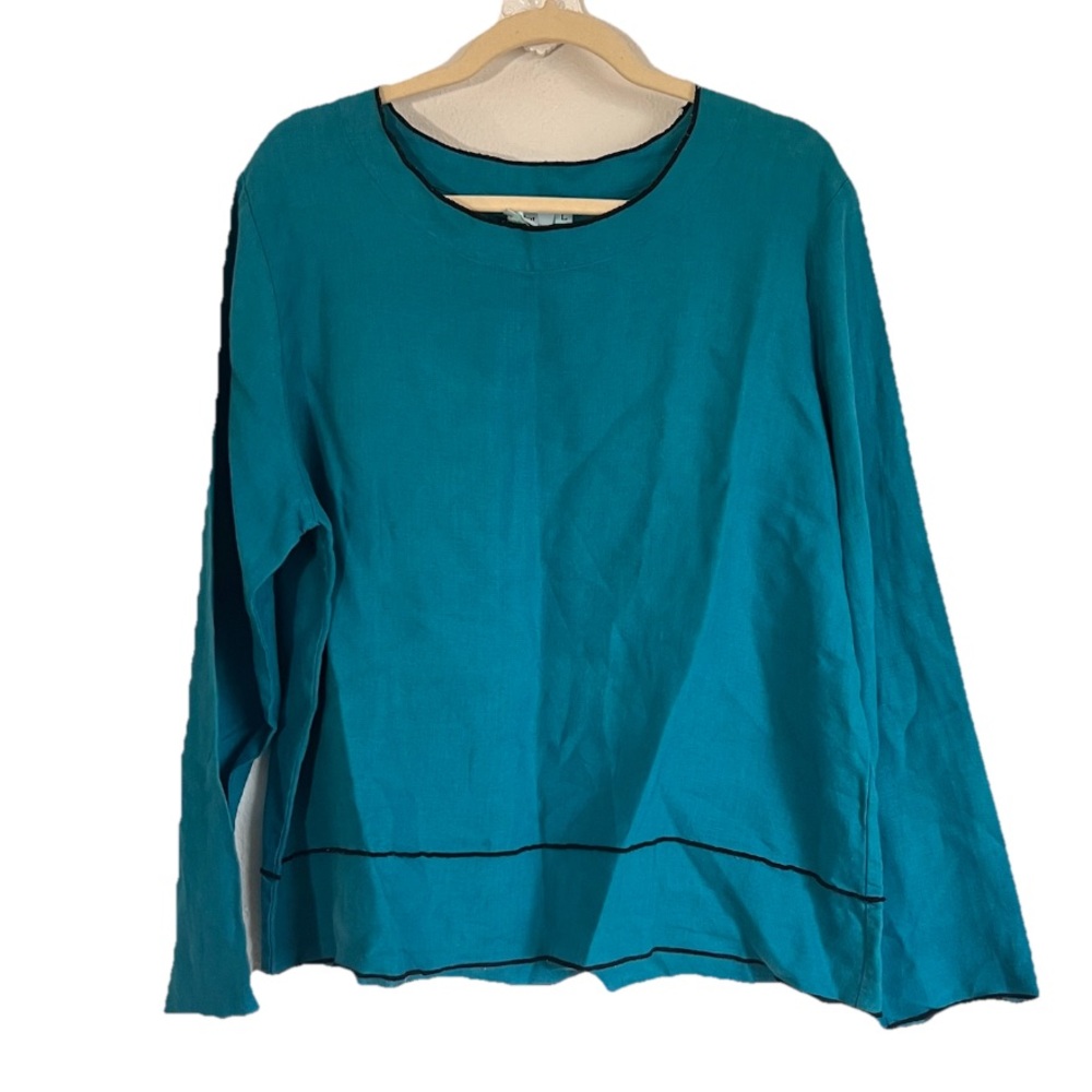 Hot Cotton Women Sz L Linen Shirt Blue Long Sleeve Lagenlook Capsule Wardrobe